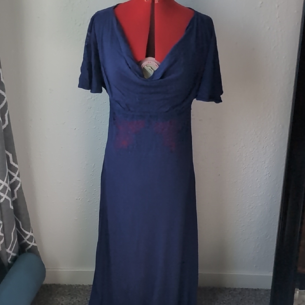 Frou Frou - Elegant Blue Cowl Neck Flutter Sleeve Maxi Dress, Large